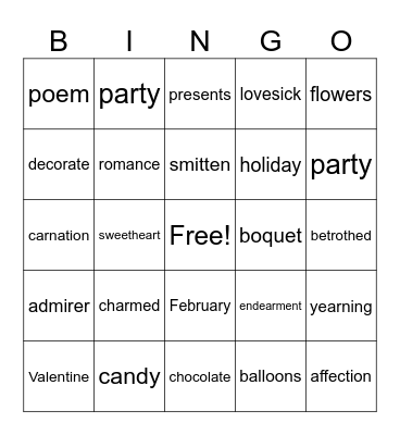 Valentine's Day Words Bingo Card