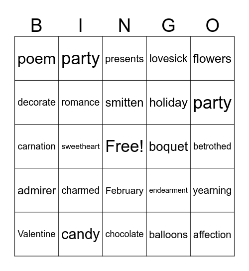 Valentine's Day Words Bingo Card