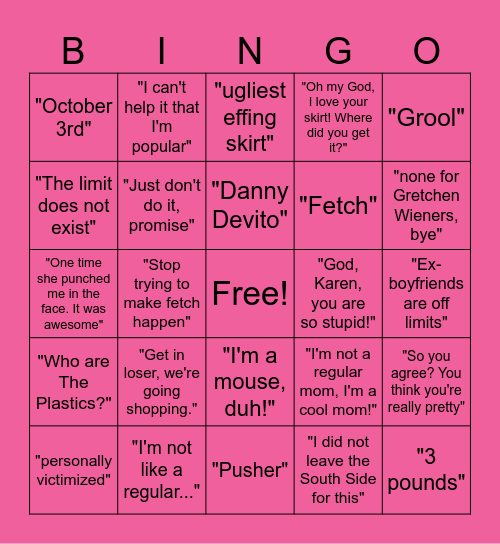 Mean Girls Bingo Card