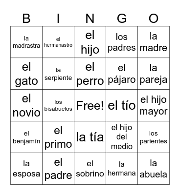 Familia, vocabulario Bingo Card