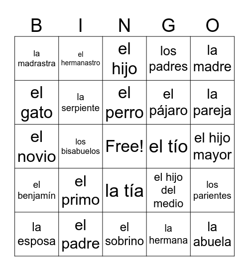 Familia, vocabulario Bingo Card