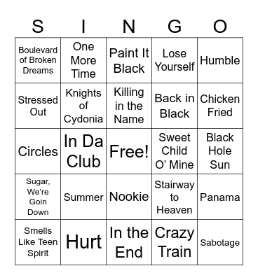 Pheonix SINGO Bingo Card