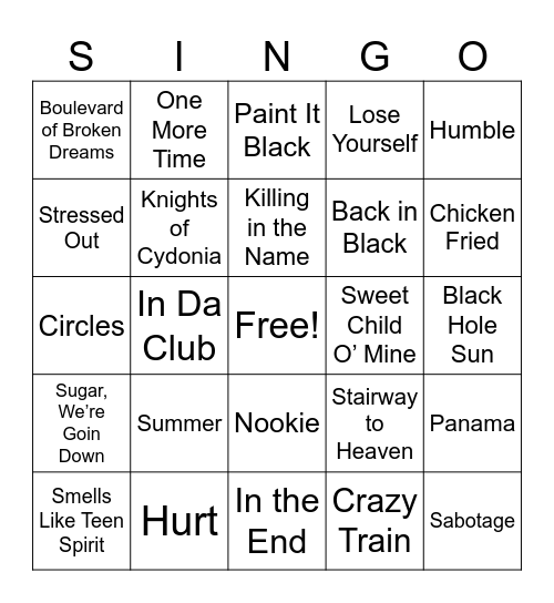 Pheonix SINGO Bingo Card