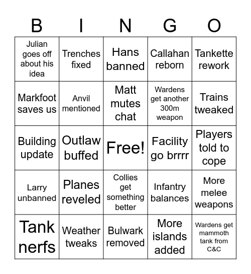 Dev stream Bingo Card