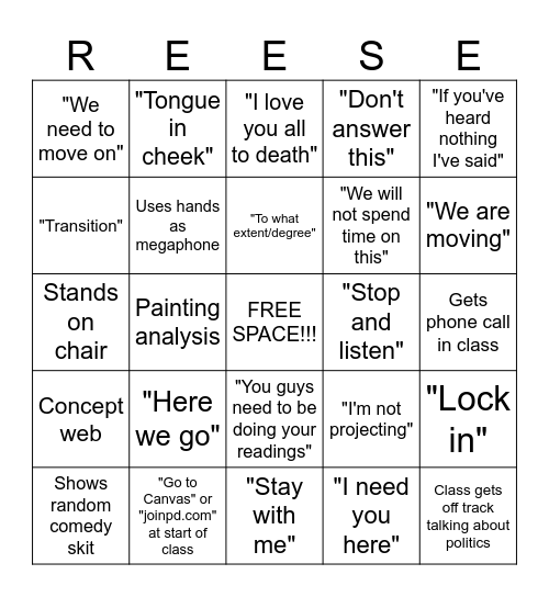 Reese Bingo (final edition) Bingo Card