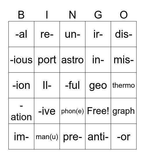 Morpheme Bingo Card