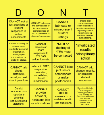 TELPAS - Test Violations BINGO Card