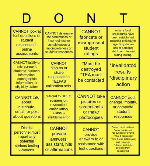 TELPAS - Test Violations BINGO Card