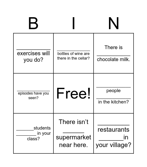 Countable & uncountable nouns Bingo Card
