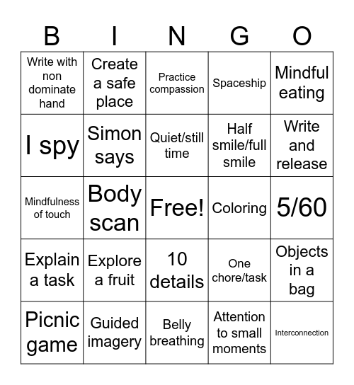 Mindfulness Bingo Card