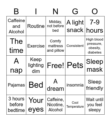 Sleep Hygiene BINGO Card