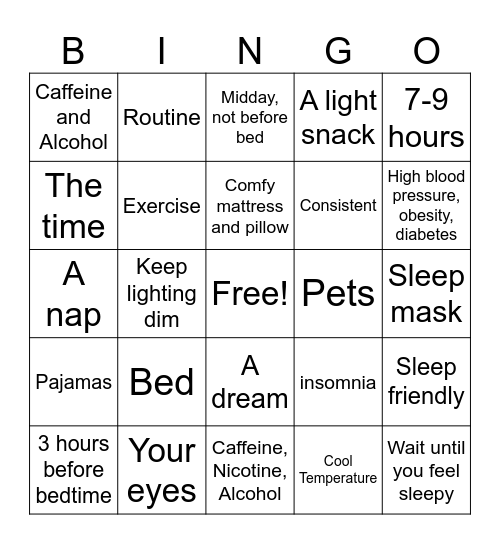 Sleep Hygiene BINGO Card