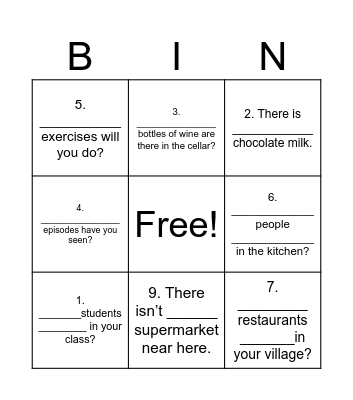 Countable and uncountable nouns Bingo Card
