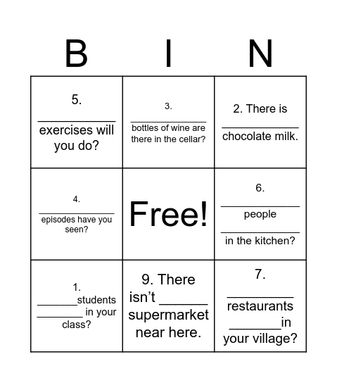 Countable and uncountable nouns Bingo Card