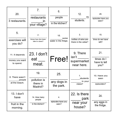 Countable and uncountable nouns Bingo Card