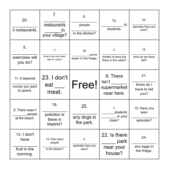 Countable and uncountable nouns Bingo Card