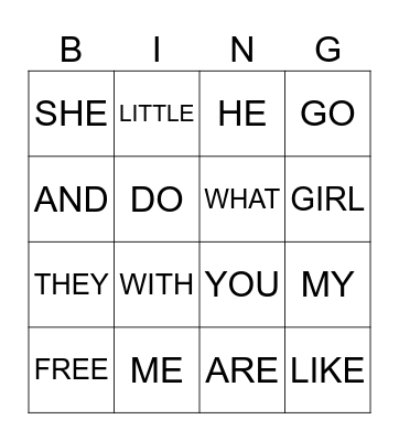 KINDER SIGHT WORDS Bingo Card