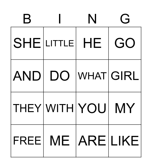 KINDER SIGHT WORDS Bingo Card