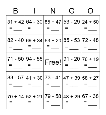 Mixed Addition&Subtraction w/ regrouping Bingo Card