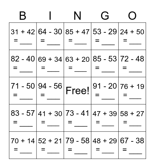 Mixed Addition&Subtraction w/ regrouping Bingo Card