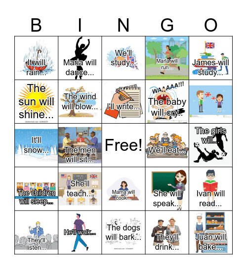 Tenses: "Will" future Bingo (words and images) Bingo Card