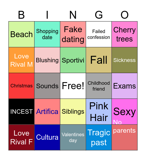 Romance anime Bingo Card