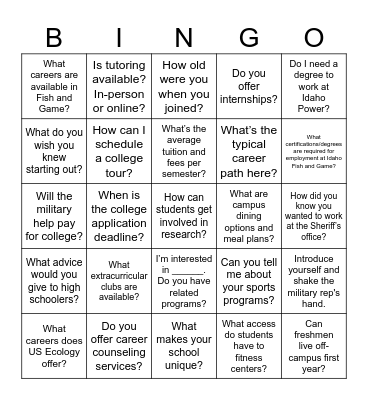 College and Career Fair Bingo Card