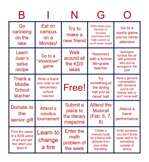 KDS SENIOR BINGO Card