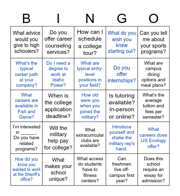 College and Career Fair Bingo Card