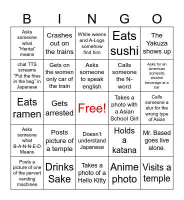 Josh Block Japan Vacation Bingo Card