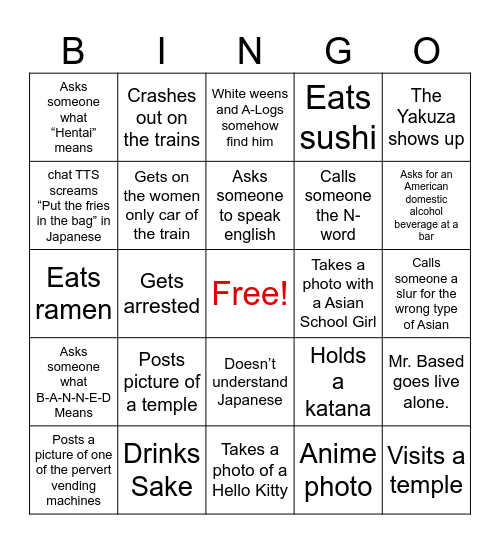 Josh Block Japan Vacation Bingo Card