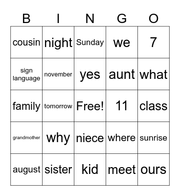 Sign Language Bingo Card
