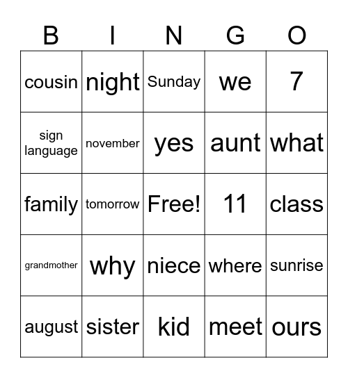 Sign Language Bingo Card