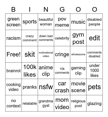 Instagram reels Bingo Card