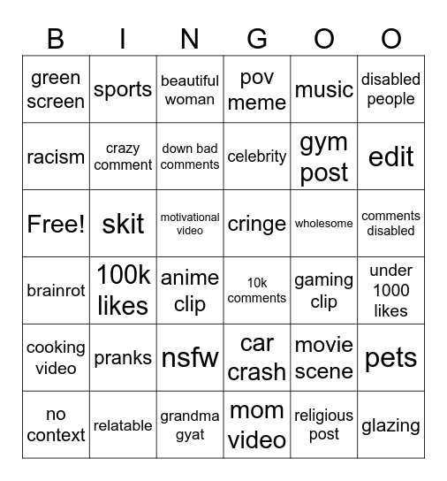 Instagram reels Bingo Card