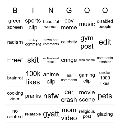 instagram reels Bingo Card