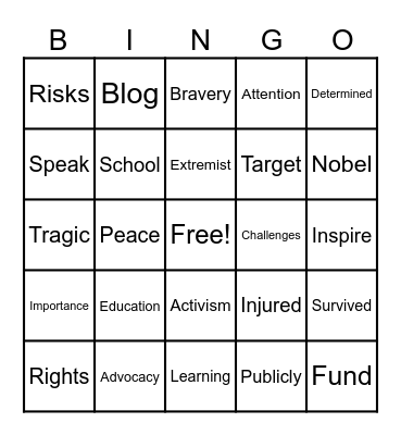 Malala's Bingo Card