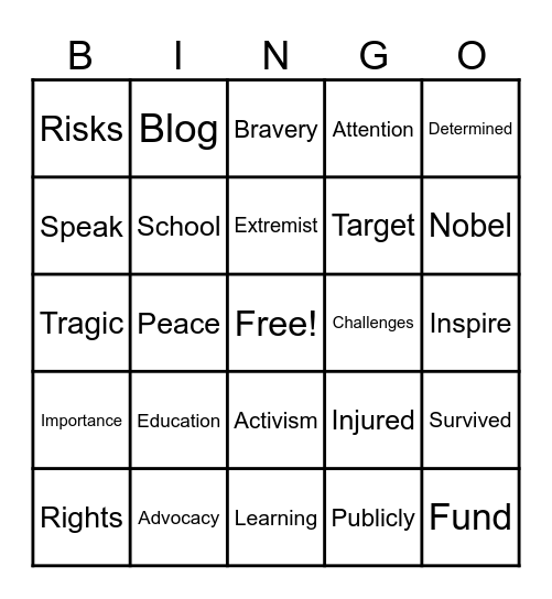 Malala's Bingo Card