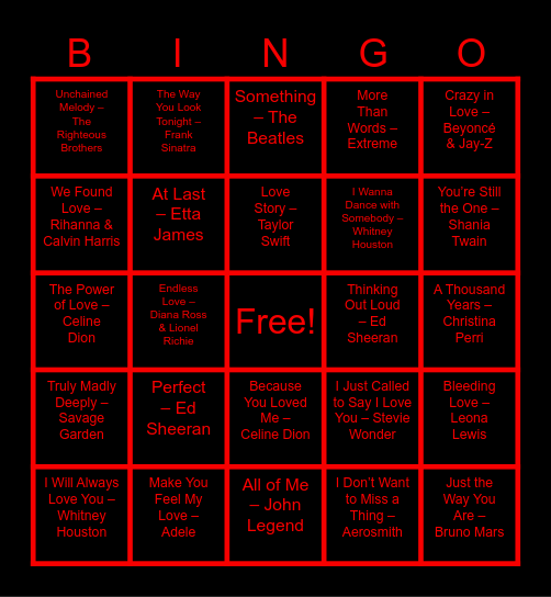 🎶Love Song Bingo❤️ Bingo Card