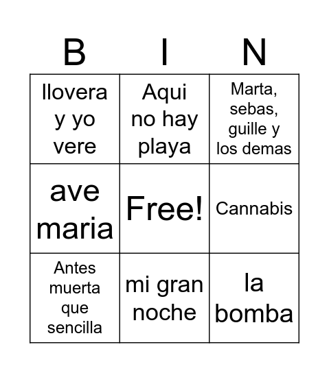 Bingo Musical Bingo Card