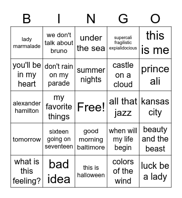 songs from movies + musicals Bingo Card