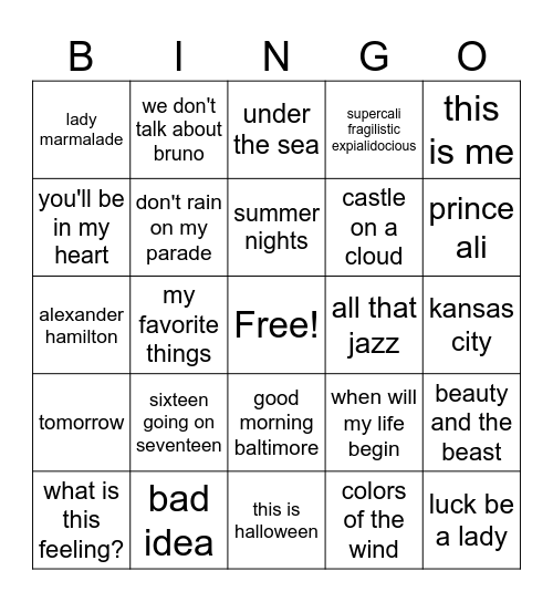 songs from movies + musicals Bingo Card