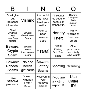 Scam Bingo Card