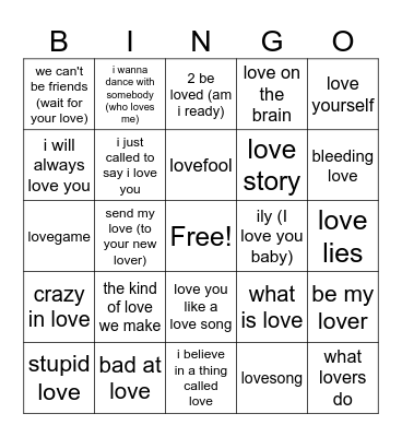 songs with love in the title Bingo Card