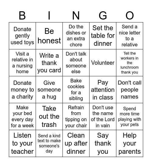 Kindness Bingo Card