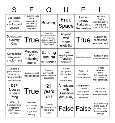 SEQUEL Adult Programs Powered by Bucks IU Bingo Card