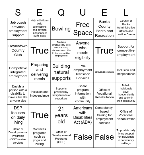 SEQUEL Adult Programs Powered by Bucks IU Bingo Card