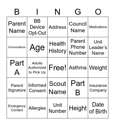 Health Form Bingo Card