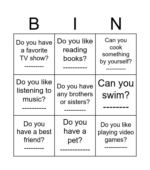 Getting to know you Bingo Card