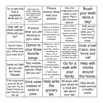 Run Wild!  Health and Fitness Bingo Sheet ____  Bingo Card